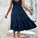 Loose Sleeveless Buttoned Solid Color Tiered Round-neck Midi Dresses