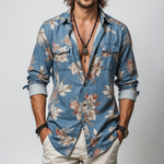 Men's Floral Lapel Chest Pocket Long Sleeve Shirt