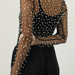 Pearl-Embellished Mesh Long-Sleeved Top