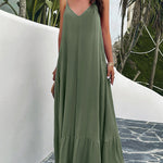 Loose Sleeveless Pleated Solid Color Split-Joint Spaghetti-Neck Maxi Dresses