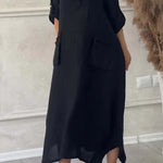 Women's Cotton and Linen Solid Color Casual Lapel Pocket Long Dress