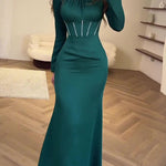 Bodycon Long Sleeves Pleated Solid Color Tied Zipper Mock Neck Maxi Dresses