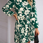 High Waisted Long Sleeves Flower Print Pleated Tied Waist Mock Neck Mini Dresses