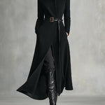 Women's Black Elegant Wool - Blend Turtleneck Belted Maxi Coat