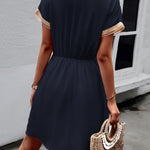 A-Line Elasticated Waist Contrast Color Drawstring Hollow Split-Joint Tasseled Tied V-Neck Mini Dresses