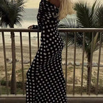 Long Sleeves Skinny Pleated Polka-Dot Split-Joint Tube Maxi Dresses