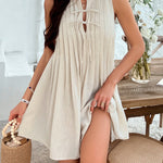 A-Line Loose Pleated Solid Color Tied Round-Neck Mini Dresses Vest Top