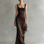 Women's Vintage Black And Brown Satin Square-neck Patchwork Sleeveless Midi Dress
