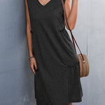 A-line Loose Pleated Solid Color Split-Joint V-neck Midi Dresses