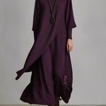 Women's Plum Draped Cotton-Blend Jersey Elegant Turtleneck Embroidered Maxi Dress