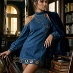Long Sleeves Loose Hollow Pockets Solid Color Split-Joint Cold Shoulder Mini Dresses