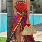 Botanical Floral Print Sexy Stretchy Tube Top High Waist Slit Maxi Dress