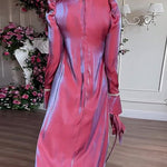 A-Line Long Sleeves Pleated Solid Color Tied Waist Zipper Round-Neck Maxi Dresses