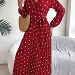 A-Line High Waisted Elasticity Pleated Polka-Dot Split-Joint Tied Waist V-Neck Midi Dresses Shirt Dress