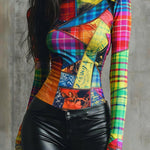 Long Sleeves Skinny Contrast Color Mock Neck Blouses&Shirts Tops