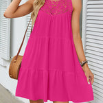 A-Line Loose Hollow Pleated Solid Color Split-Joint Round-Neck Mini Dresses