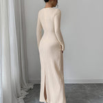 Bodycon Long Sleeves Hollow Lacy Pleated Solid Color Split-Back Split-Joint Zipper Round-Neck Maxi Dresses