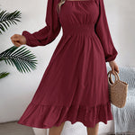 A-Line Elasticated Waist Pleated Ruffled Solid Color Square-Neck Midi Dresses