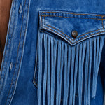 Men's Retro Western Cowboy Tassel Stitching Denim Long Sleeve Shirt