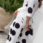 Fashion Lapel Long-sleeved Tie Waist Shirt and Casual Polka Dot Print Wide-leg Pants Set