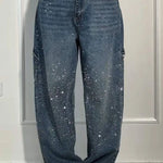 Fashionable Rhinestone Mid-rise Loose Pocket Straight Jeans