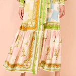Garden Party Satin Unique Print Balloon Sleeve Belted Shirt Maxi Dress