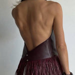 Multi-Color PU Leather Backless Tassel Sleeveless Top