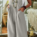 Solid Color Sleeveless Pocket Casual Wide Leg Side Button Jumpsuit