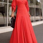 A-Line High Waisted Pleated Solid Color V-Neck Maxi Dresses Shirt Dress