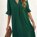 A-Line Flared Sleeves Pleated Ruffled Solid Color Split-Joint V-Neck Mini Dresses