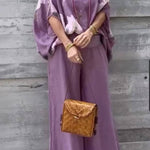 V-neck cotton and linen printed top and trousers casual suit