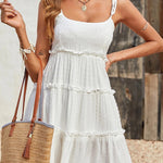 A-Line Loose Jacquard Layered Pleated Solid Color Split-Joint Spaghetti-Neck Mini Dresses