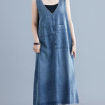 Loose Sleeveless Denim V-Neck Midi Dress