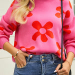 Floral Print Color Block Pullover Long Sleeve Sweater
