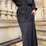 Long-sleeved Tie-Drawstring Shirt and Skirt Set