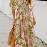 High Waist Spice Girl Dolman Sleeve V Neck Print Sexy Women's Dress