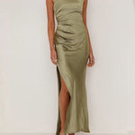 Sleeveless Pleated Solid Color Split-Joint Split-Side Spaghetti-Neck Midi Dresses