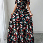 A-Line Loose Contrast Color Elasticity Flower Print Pleated V-Neck Maxi Dresses