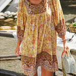 A-Line Loose Contrast Color Flower Print Pleated V-Neck Mini Dresses