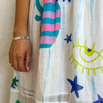 She's The Fun Linen Blend Playful Print Ladder Trim Midi Dress