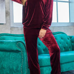 Red Solid Velvet Round Neck Top & Drawstring Pants Longe Set