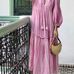 Marrakech Stories Linen Blend Printed Balloon Sleeve Pocketed A-line Midi Dress