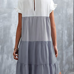 Loose Ruffle Sleeves Contrast Color Falbala Pleated Split-Joint Round-Neck Mini Dresses