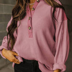 Smoke Green Waffle Patchwork Drop Sleeve Henley Top