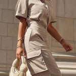Loose Short Sleeves Buttoned Pockets Solid Color Lapel Jumpsuits