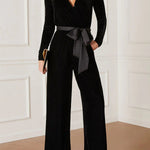 Love One Another Velvet Bow Belted Pocket Cutout Back Loose Jumpsuit