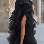 Black One-Shoulder Ruffled Evening Gown With Front Slit