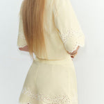 Lemon Summer Lace Hollow Embroidery Button Up Shirt and High Rise Loose Shorts Set