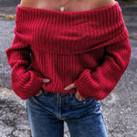Racing Red Off Shoulder Ribbed Knit Sweater