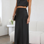 Such A Vibe High Neck Satin Drape Maxi Skirt Set